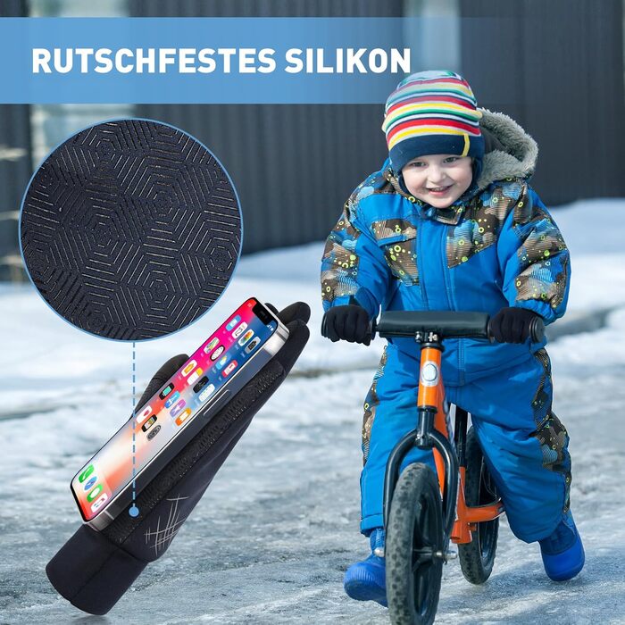 Дитячі рукавички EEFOW зимові з екраном сенсора: термо рукавички з флісу для їзди на велосипеді, бігу, з антиковзким покриттям (для хлопчиків та дівчаток 4-12 років, чорні та сині) чорні та червоні (приблизно 6-8 років, сині)