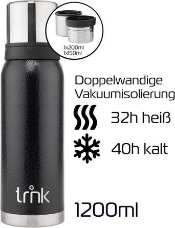 Термос trnk Arktis 2 із нержавіючої сталі 1200 мл, BPA-free, з двома чашками, зберігає тепло 32 години, для напоїв, підходить для посудомийки