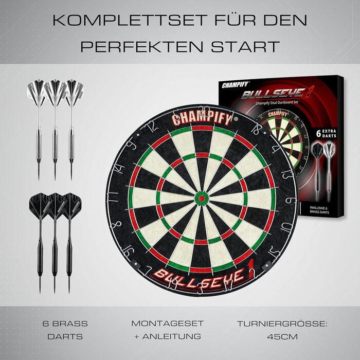 Дартс Champify® Steeldart Ø 45см: Набір з 6 дротиками, професійний, для початківців та досвідчених гравців, сізал, з монтажним комплектом