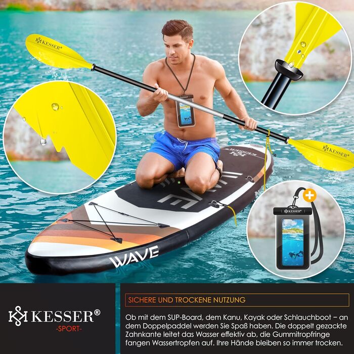 Весло KESSER® Paddle Doppelpaddel для каяка, SUP, Stand-Up Paddling Board, 228 см, алюміній, з мотузкою безпеки, чохлом для телефону, для надувних човнів (жовтий)