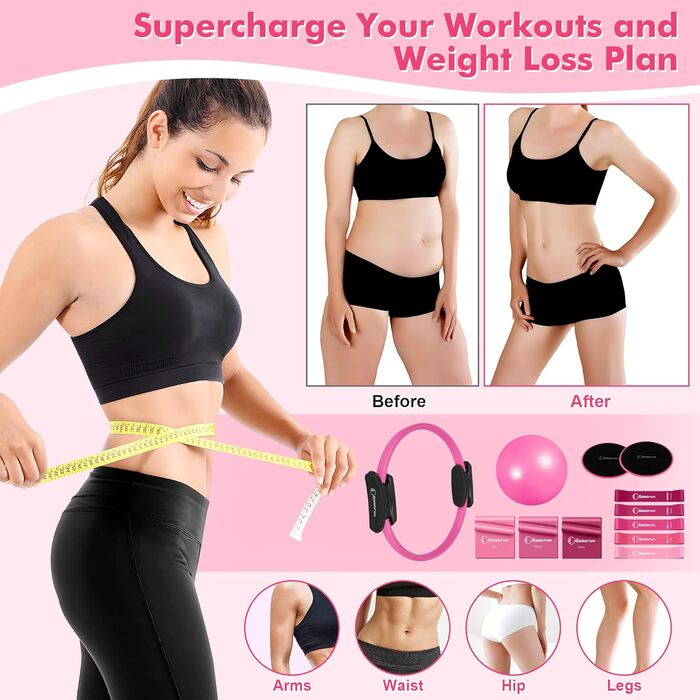 Pilates Ring Set Goocrun: кільце для пілатесу, еспандер, м'яч та слайдери для домашніх тренувань. Рожевий колір.