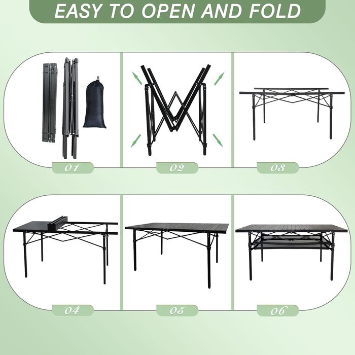 Розкладний туристичний стіл Poeopore для кемпінгу, 140x70x70 см, чорний, на 4-6 осіб