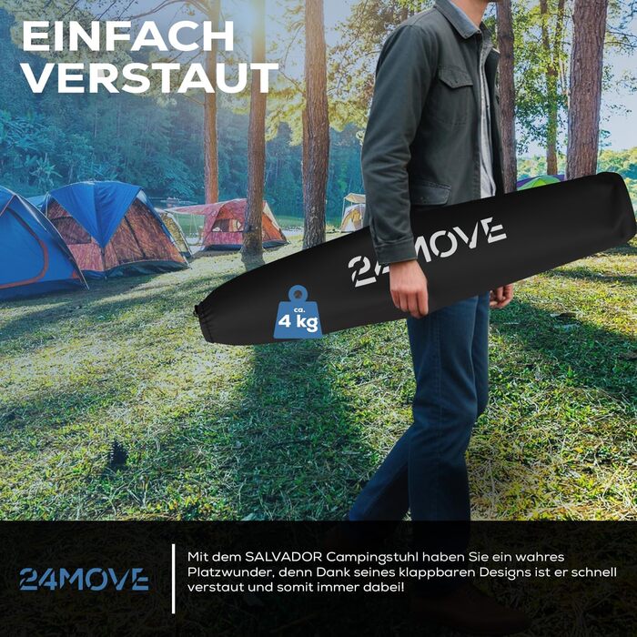 Крісло для кемпінгу 24MOVE® складне, 150 кг, з підлокітниками, кишенею для напоїв та сумкою, чорне