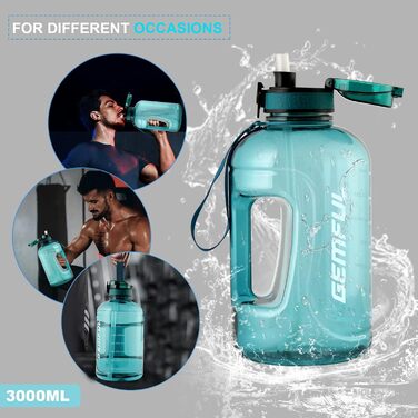 Пляшка спортивна GEMFUL 3л з мітками часу, соломинкою та ручкою, сіра. BPA-free, герметична, для фітнесу, тренувань та активного зволоження