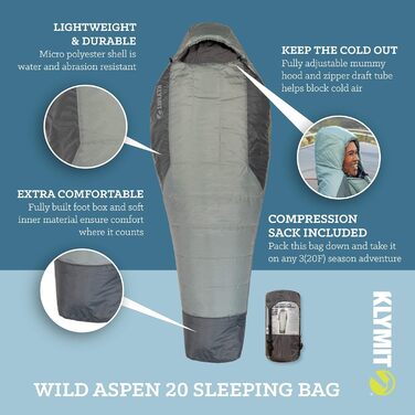 Сплячий мішок KLYMIT Wild Aspen -17.8°C (L, -6.7°C) - для кемпінгу, трекінгу та альпінізму