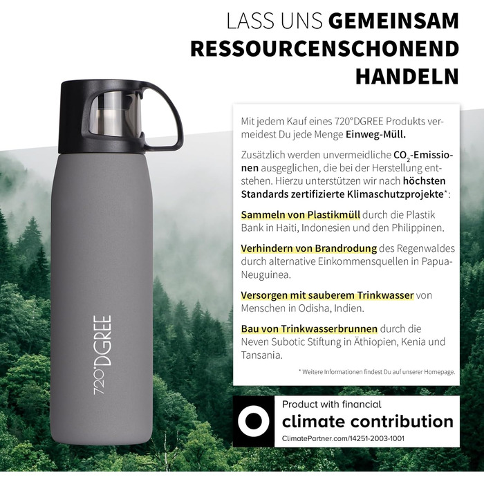 Термос 720°DGREE Thermoskanne з чашкою 450 мл 'Follow' - 3 розміри, 12 год гаряче, 24 год холодне, не протікає, без BPA - термофляка з нержавіючої сталі, ізотермічна фляка - ідеально для роботи, дітей, школи, малюків (1000 мл, Stone Gray | Robust Matt | G