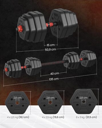Набір гантелей SONGMICS з підключною штангою, шестигранна форма, 10-40 кг, для фітнесу та силових тренувань вдома або в спортзалі
