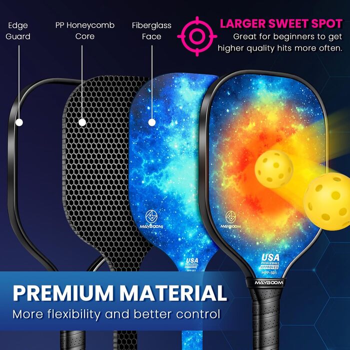 Набір ракет для піклболу Mayboom (2 або 4 шт.) з м'ячами та сумкою, схвалено USAPA, фіберглас, для початківців