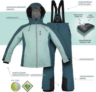 Комплект жіночого гірськолижного костюма Killtec - куртка та штани, водонепроникний та дихаючий, 10000 мм водяний вищий показник, без PFC, куртка зі снігозахисним манжетом, штани з кантозахистом, 2-х частинний, petrol / світло-петроль