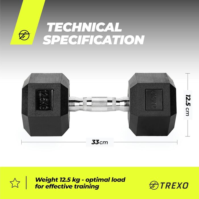 Гантеля TREXO Hexagon 12,5 кг, шестигранна, гумова, чавунна, для силових тренувань вдома, з ергономічною ручкою