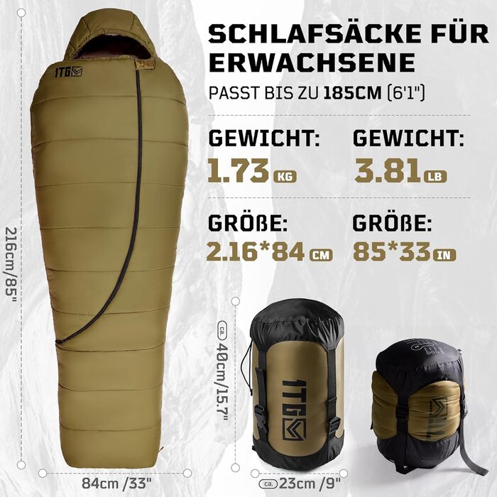Тактичний спальний мішок 4 сезони 1TG Ranger Green/Coyote Brown, для дорослих, компактний та теплий, для кемпінгу, трекінгу, подорожей (до 185 см)