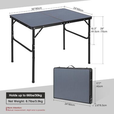 Складний кемпінговий стіл REDCAMP 90x60 см, регульована висота (38/70 см), чорний - для пікніка, саду, тераси, пляжу