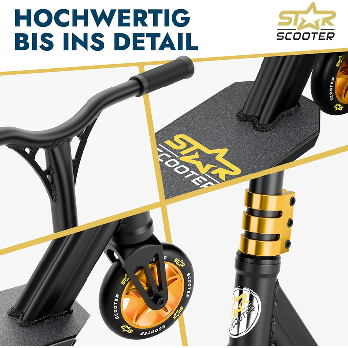 Трюковий самокат STAR SCOOTER Pro Sport для дітей від 7 років та дорослих, алюмінієвий, HIC, колеса 110/120 мм, чорний і золотий
