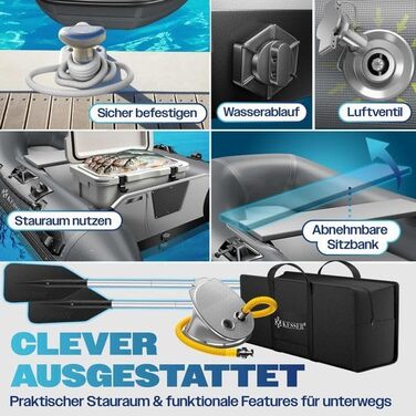 Надувний човен KESSER® Wave 230-320 см (комплект 6 в 1): човен, лавка, насос, весла, ремкомплект, сумка. Можливість встановлення мотора, для солоної води, антрацит.
