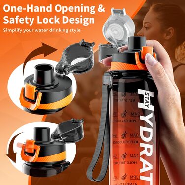 Спортивна пляшка для води з позначеннями часу, 1000 мл, Tritan, без BPA, вихідний колір - Sunset Orange