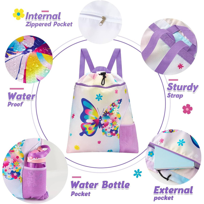 Спортивна сумка WAWSAM для гімнастики з шнурком - 38 × 45 см. Дитяча водонепроникна сумка для плавання, пляжу, покупок (Метелик)