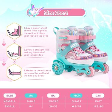 Дитячі ролики для дівчаток, 4 розміри, регульовані, безпечні, з дихаючим верхом, для початківців (XS: 25-27.5 EU)