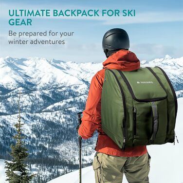 Нарис Рюкзак для лиж Зелений - Великий об'єм & водовідштовхувальне покриття - Кишенька для лижних черевиків та шолому - Ідеально для лижного спорядження.
