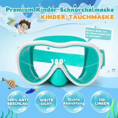 Дитячі окуляри для плавання WAVE Kinder (зелено-білі) з антифог покриттям та маскою для снорклінгу, UV-захист