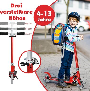 Дитячий ролер Costway з LED-колесами, для дітей від 4 років, до 70 кг, регульована висота, ролер-кіксктер для хлопчиків та дівчаток (червоний)