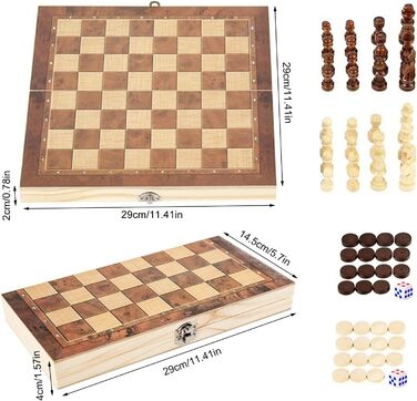 Шаховий набір дерев'яний 3 в 1, складаний, міжнародні шахи, для подорожей, вечірок, сім'ї, дітей та дорослих (29x29 см)