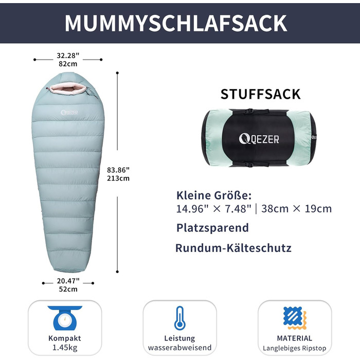 Спальник зимовий Daunenschlafsack з графеновим покриттям -24°C, 620FP, 1450г, для кемпінгу, туризму та трекінгу (світло-зелений)