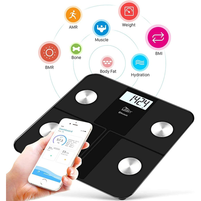 Цифрова вага-аналізатор жиру Uten з Bluetooth, додатком, 180 кг, чорна