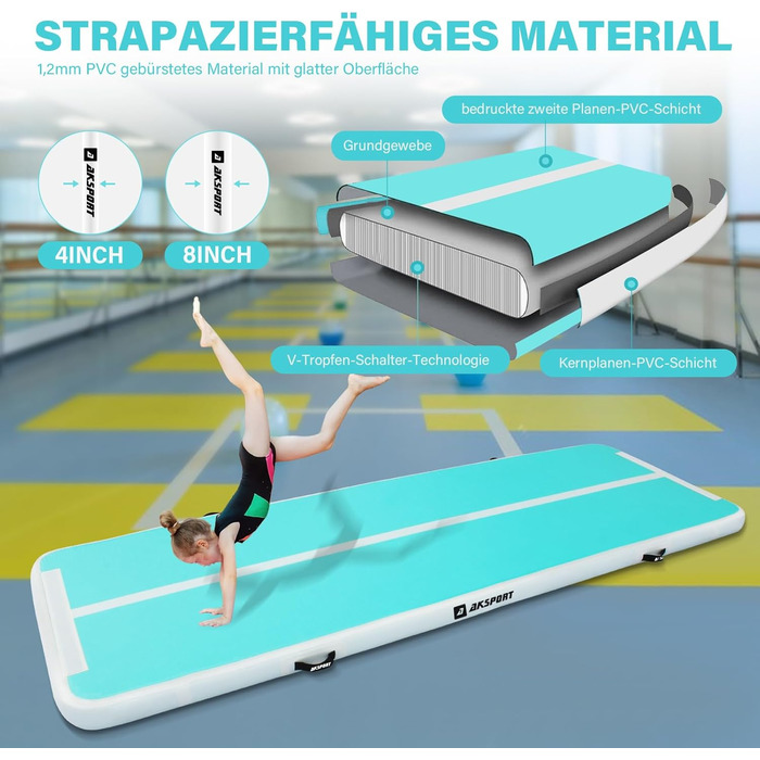 AKSPORT Килимок для гімнастики та акробатики з повітряною подушкою, 3/4/5/6 м, 10/20 см заввишки, 300x100x10 см, м'ятно-зелений