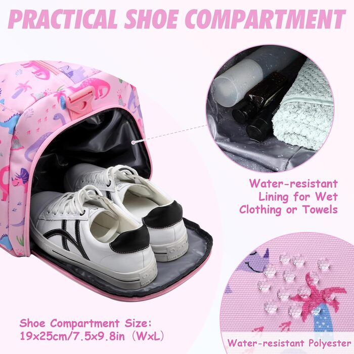 Спортивна сумка для дітей, дорожня сумка, мішок для плавання, спортивна сумка для хлопчиків та дівчаток, водонепроникна, сумка-мішок з відділенням для взуття (Рожевий динозавр)