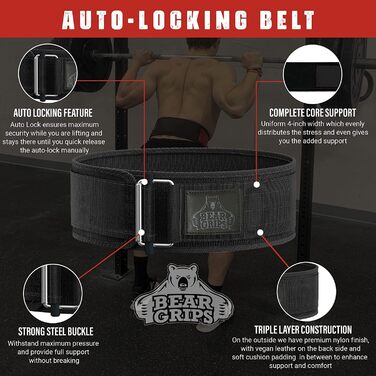 Пояс для важкої атлетики Bear Grips, 3-шаровий, із надійною застібкою, для станової тяги, присідань, WOD, олімпійського підйому, для підтримки спини