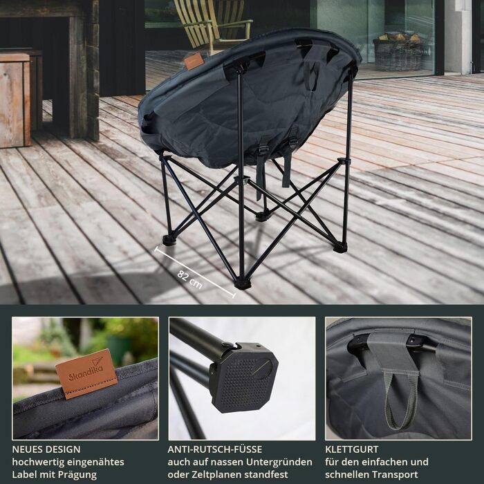 Крісло-місяць Skandika Moonchair XXL: великий розкладний кемпінговий стілець з підкладкою, сумкою для перенесення та антиковзаючими ніжками, до 150 кг, сіро-зелений