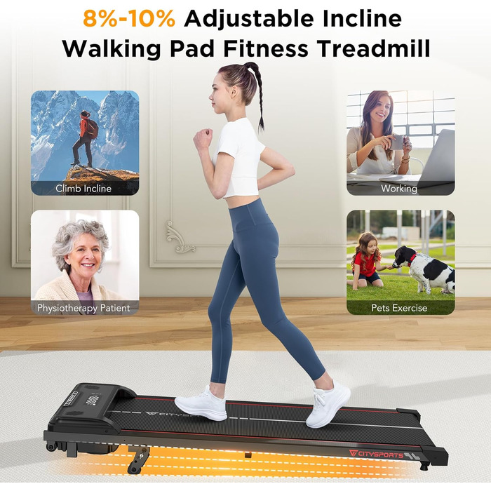 CITYSPORTS Біговий тренажер з нахилом 10%, електричний біговий килимок для дому та офісу, швидкість 1-6 км/год, 440W тихий мотор, LED-дисплей, Bluetooth, амортизація, вантажопідйомність 110 кг