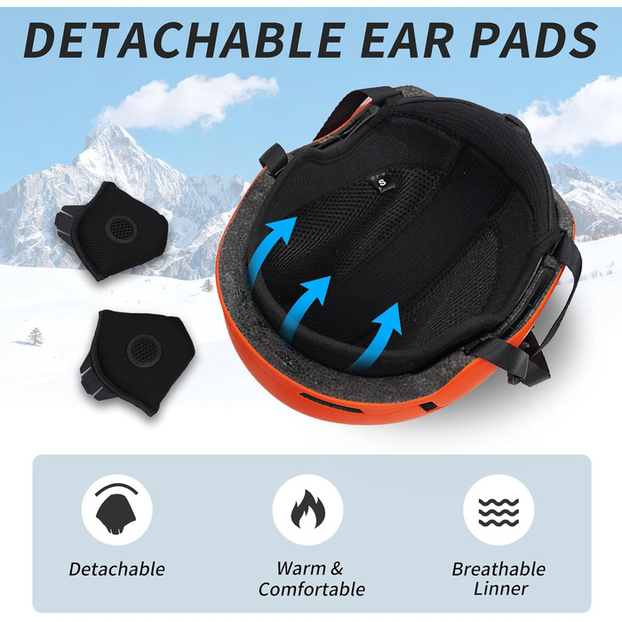 Шкільний шолом для сноуборду та лиж DXH811: унісекс, знятні навушники, вентиляція, захист від UV, регульований, матовий помаранчевий (шолом + маска + захист обличчя, M)