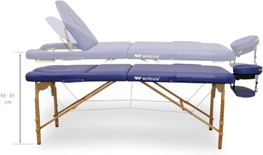 WELLCORE масажний стіл з дерева, складаний, з регульованою спинкою, 185x65 см, екошкіра, висота регулюється, знімний підголівник, отвір для обличчя, білий, навантаження до 225 кг
