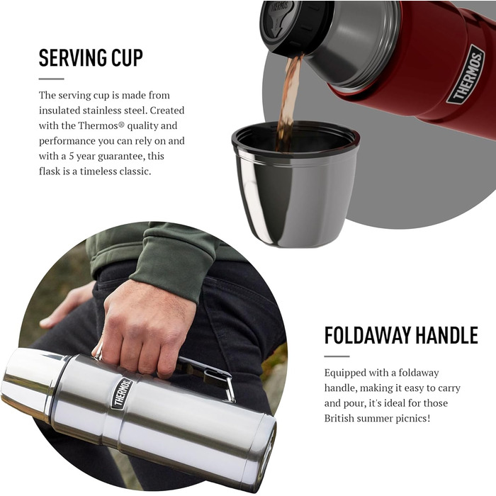 Термос King Thermos 1,2 л, нержавіюча сталь, з чашкою та ручкою, сірий