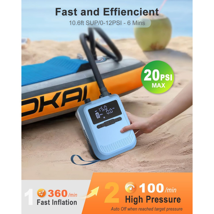 Насос електричний для SUP Mojimdo 20 PSI з підсвіткою, акумуляторний, 5 режимів, для сапборду, каяка, надувного човна та матрацу