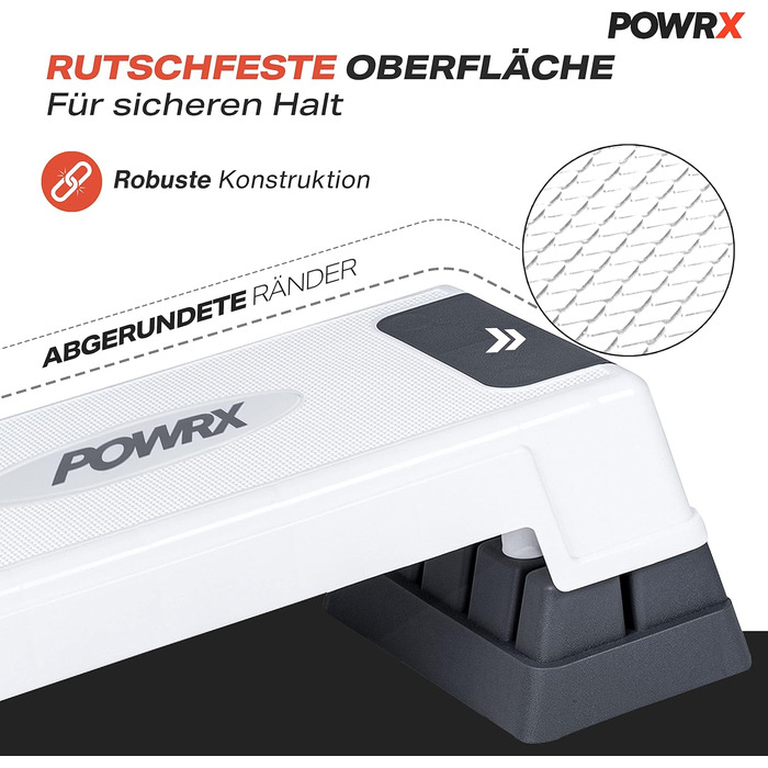 Степ-платформа POWRX для аеробіки та фітнесу, 3 рівні, біла, регульована висота, антиковзаюча | Степ-бенч для дому