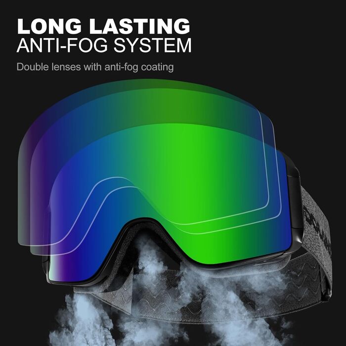 Скі-маска Ololand для жінок та чоловіків, захист від запотівання, UV-захист, магнітні змінні лінзи, сумісна зі шоломом, для сноуборду та катання на лижах, чорний колір, VLT 8.8% (зелена лінза - VLT 13%)