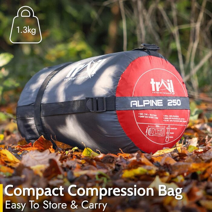 Сплячий мішок Trail-Alpin з капюшоном – 250 г, 3-сезонний. Легкий, компактний, з капюшоном та компресійним мішком (Червоний)