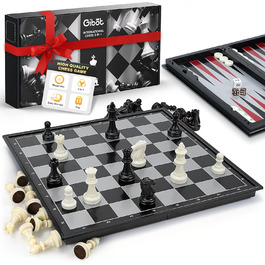 Магнітний шаховий набір Gibot 3-в-1, шаховий набір для дітей та дорослих, складаний, для подорожей, чорно-білий, 32x32 см