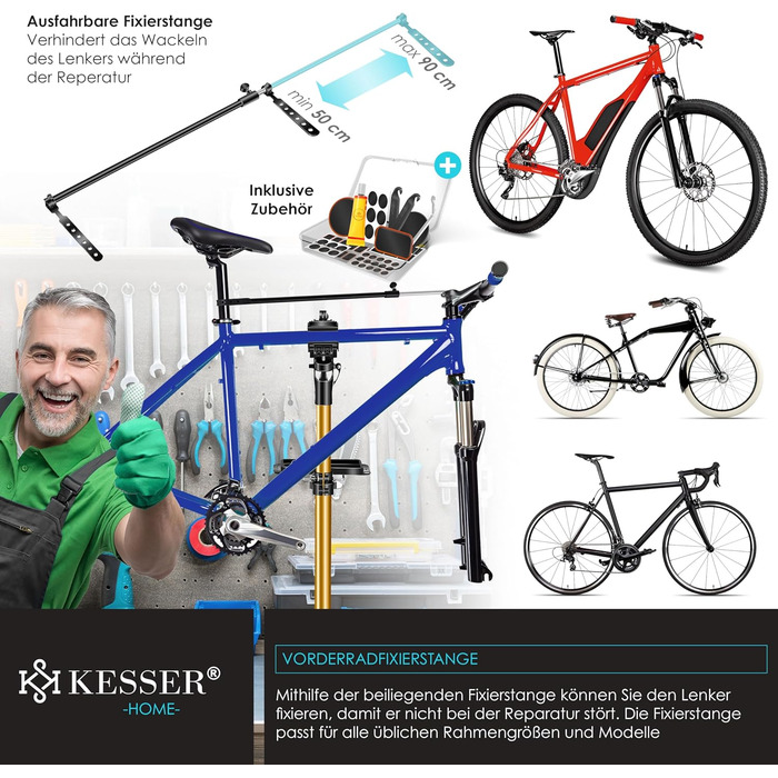 Підставка для велосипедів KESSER® Profi Alu: Ремонт, обслуговування, 360° обертання. Підходить для гірських, електровелосипедів та звичайних велосипедів. В комплекті сумка, набір для ремонту та магнітний органайзер для інструментів.