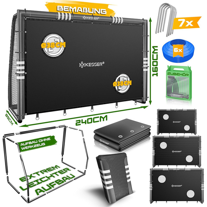 Ворота футбольні KESSER® для саду, міцні, для тренувань, з UV-стійким сіткою, сталевий каркас з оббивкою, фіксатори для землі, насос, конуси, аксесуари для монтажу (240см, з торговою панеллю, антрацит)