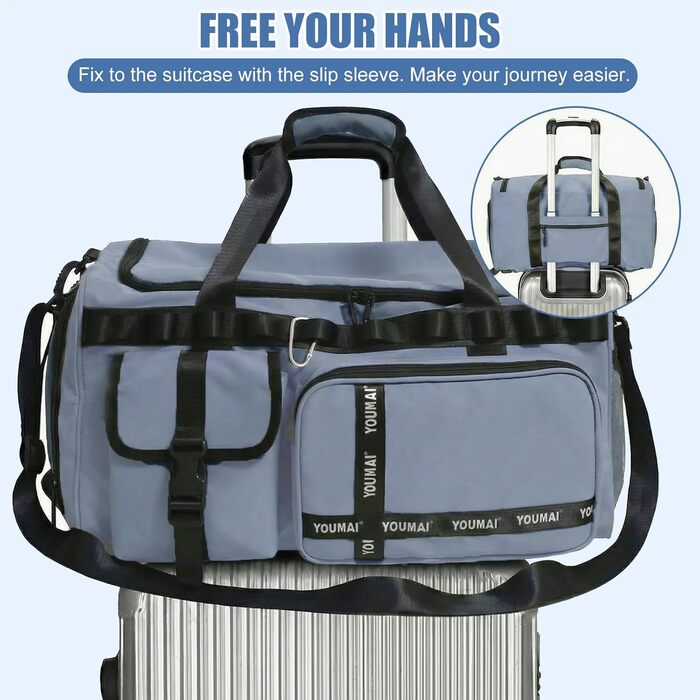 Спортивна сумка для подорожей 65л з відділенням для взуття та мокрих речей, містка сумка в зал та для плавання, синя