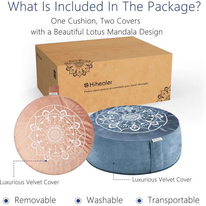 Традиційне медитаційне подушечка Hihealer з додатковим оксамитовим чохлом – великий тибетський Zafu, наповнений лушпинням гречанки, для йоги та медитації (синій & рожевий)