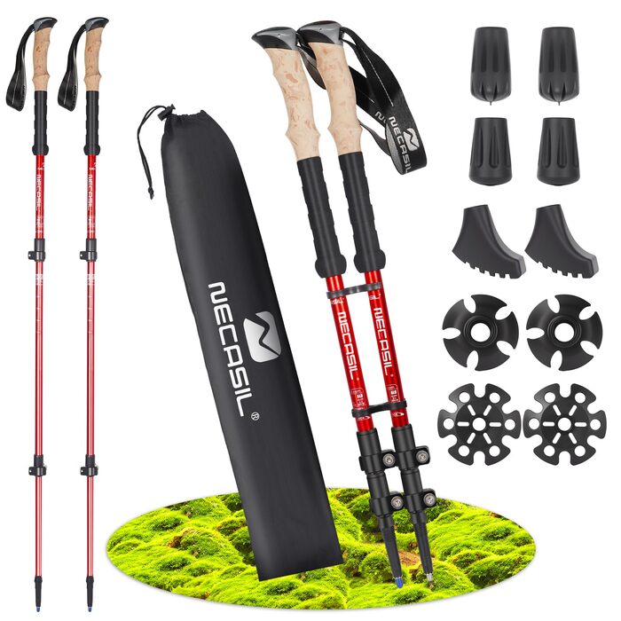Телескопічні палиці для скандинавської ходьби з алюмінію, регульовані та складні, з корковими ручками для жінок та чоловіків, 62–135 см, червоні (Upgrade 2025)