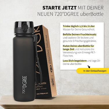 Спортивна пляшка для води 720°DGREE 'uberBottle' 1,5 л з петлею та мотиваційною шкалою, фільтром - не протікає, легка, без BPA - Tritan, для універу, роботи, спорту, фітнесу, тренажерного залу (1000 мл, Чорний онікс)