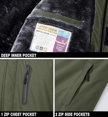 Куртка для сноубордингу та лижного спорту MAGCOMSEN чоловіча, водонепроникна, тепла, з флісовою підкладкою, вітрозахисна, для активного відпочинку та походів, знімний капюшон (M, хакі)