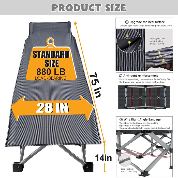 Складне туристичне ліжко ABORON для дорослих, двошарове, 1200D, портативне, міцне, для дому, офісу, кемпінгу, подорожей, з сумкою, сіре смугасте ліжко для дітей