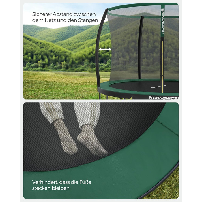 Батут SONGMICS Outdoor Ø 244/305/366/427 см, круглий, для саду, з сіткою безпеки, захисним бордюром, сходами та м'якими стійками, 366 см, чорний + темно-зелений