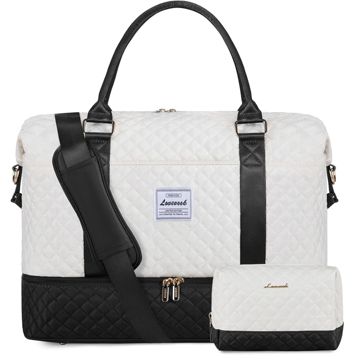 Спортивна сумка LOVEVOOK для жінок з відділенням для взуття, ручна поклажа, дорожня сумка, сумка для вихідних, містка для спортзалу, пляжу, подорожей, пологів (L-2шт, Бежевий, Чорний)